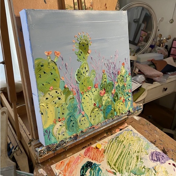 ORIGINAL Cactus Oil Painting Desert 12 X 12 Inches Contemporary Impasto - Picture 11 of 12